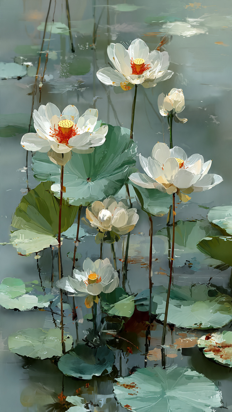 White lotus blossoms on still water, oil painting style